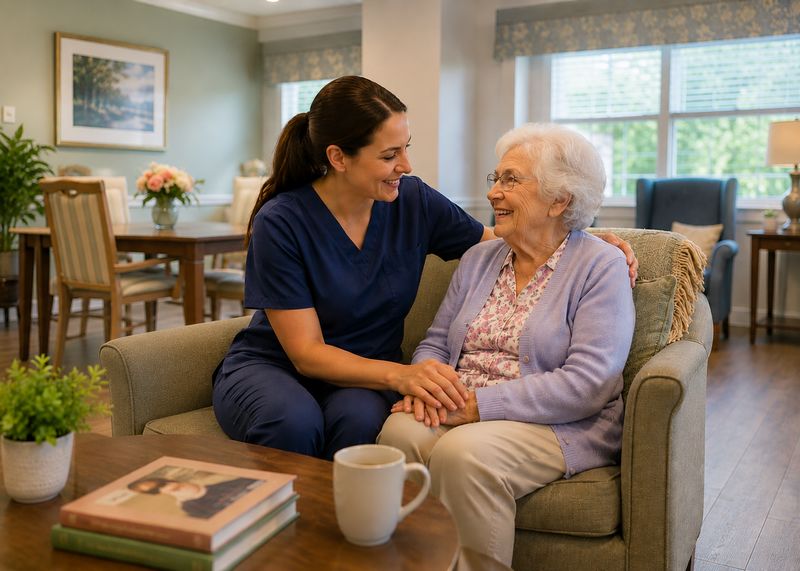 Caring staff with resident at The Waters of Wabash West